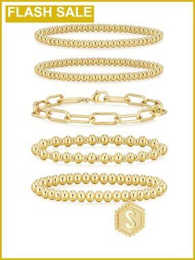 14K Gold Plated Beaded Stretch Bracelets Set - 5 Stackable Initial Bracelets